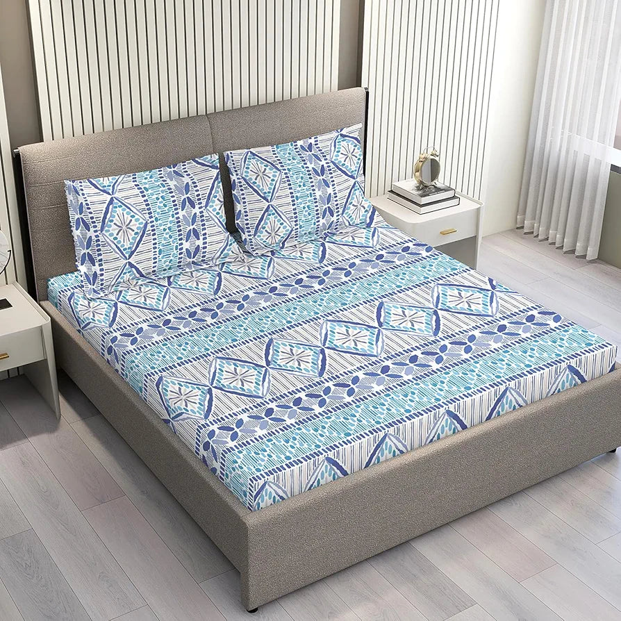 Layers Home Easy Cotton Bedsheet Set for All Seasons Lightweight 144 TC Queen Size Blue Printed