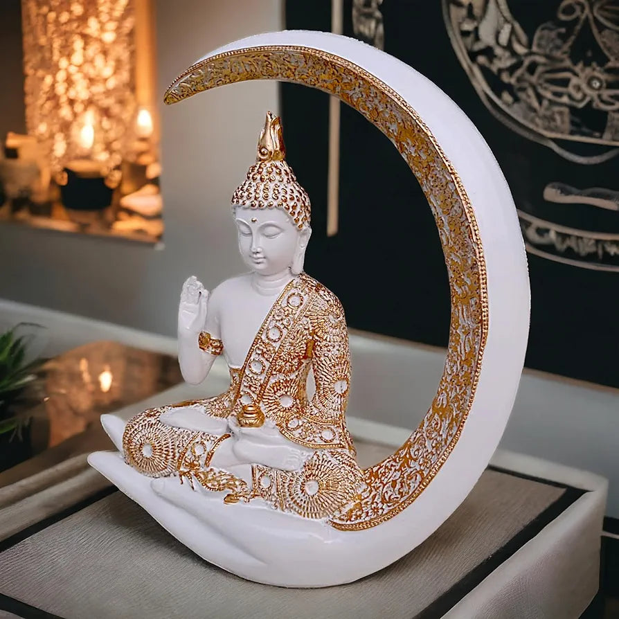 Neelaya Antique Big Meditating Moon Buddha Statue Showpiece Buddha Idol Polyresin Figurine White Gold