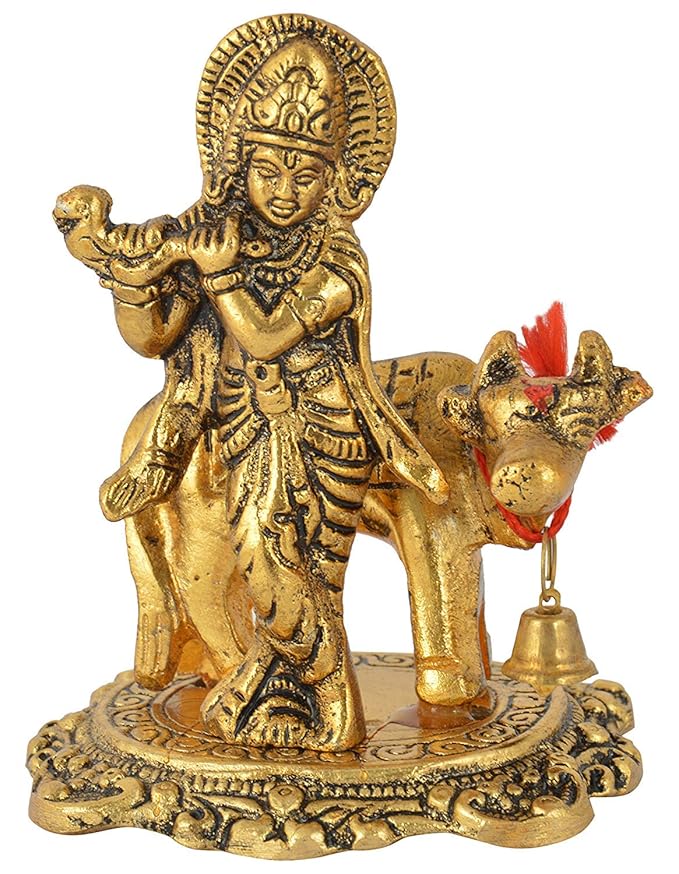 Prince Home Decor & Gifts Metal Kamdhenu Cow with Krishna Statue Colour Gold