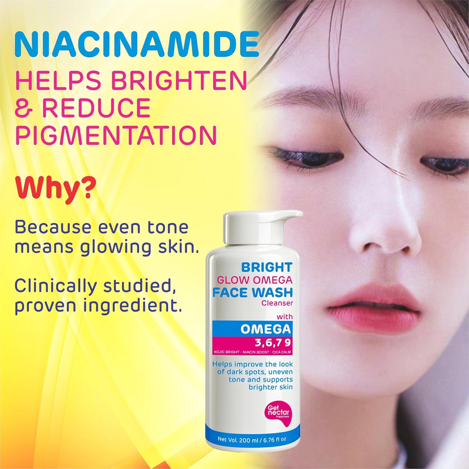 Get Nectar Happiness Bright Glow Omega Korean Glow Essence Face Wash Cleanser | Dark Spot, Pigmentation, Whitening & Brightening, Even Skin Tone & Gentle Daily Cleanser for Radiant, Glowing Skin â€“ 200 ml