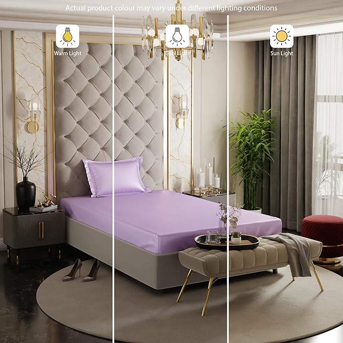 Stoa Paris Satin Elastic Fitted Bedsheets for Single Bed 300TC Premium 1 Pillow Cover Colour Lilac Affair