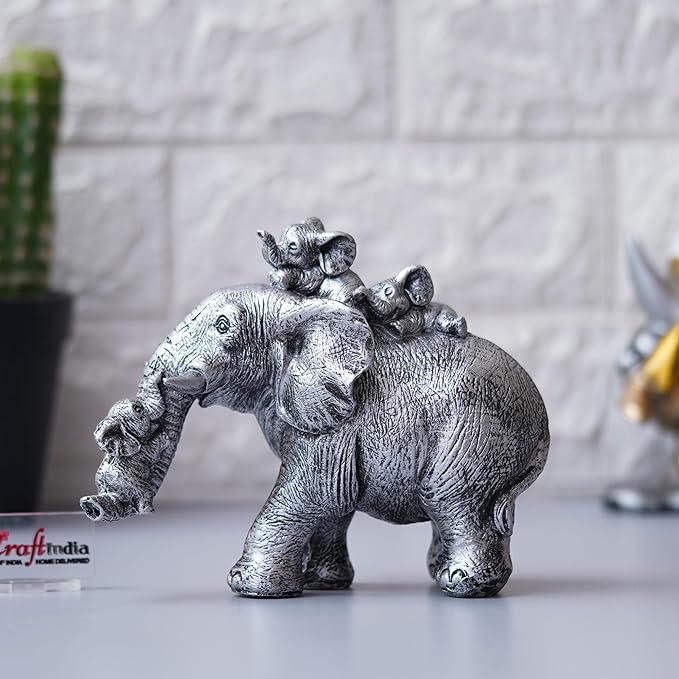Ecraftindia Cute Silver Elephant Statue Carries Three Calves on Its Back and Trunk | Good Luck Home Decor Showpiece