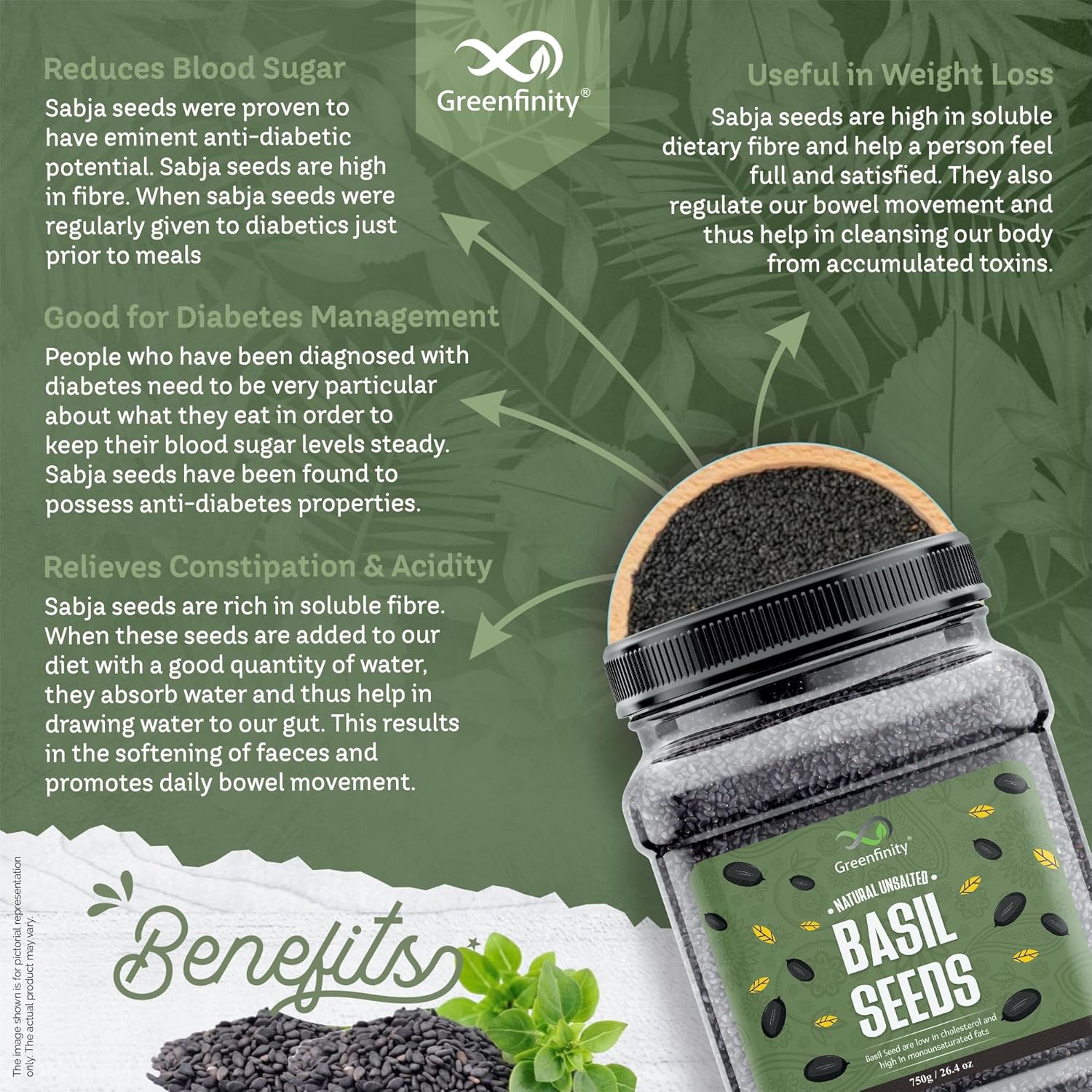 GreenFinity Basil Seeds 750g | Raw Sabja Seeds for Eating | Healthy Snacks | Jar Pack