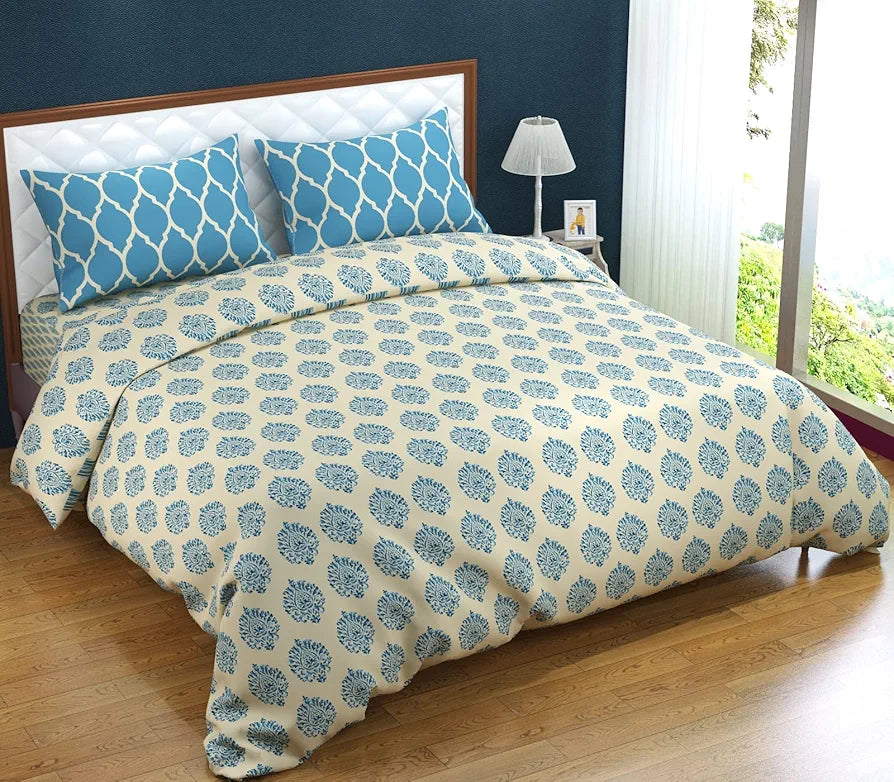 Trance Home Linen 200TC 100% Cotton Printed Zippered Duvet Cover/Blanket/Quilt Cover Comforter Cover/Razai Cover King Size with 2 Pillow Covers Colour Damask & Dori Blue