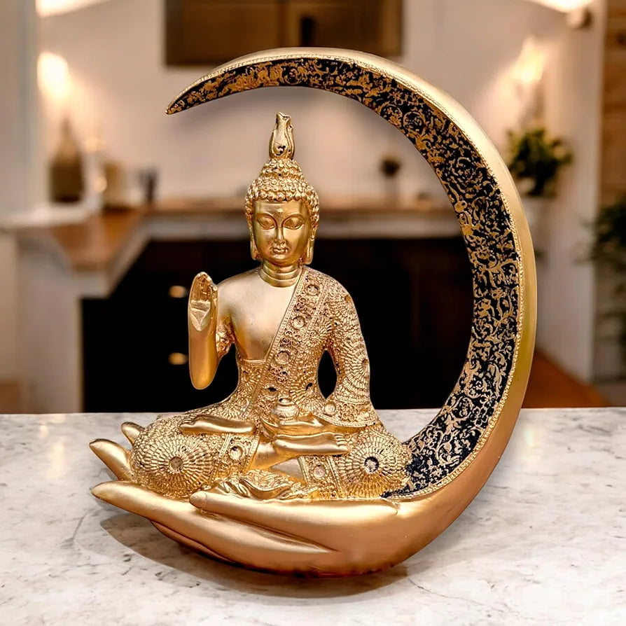 Neelaya Antique Meditating Moon Buddha Showpiece Polyresin Idol Statue Gold