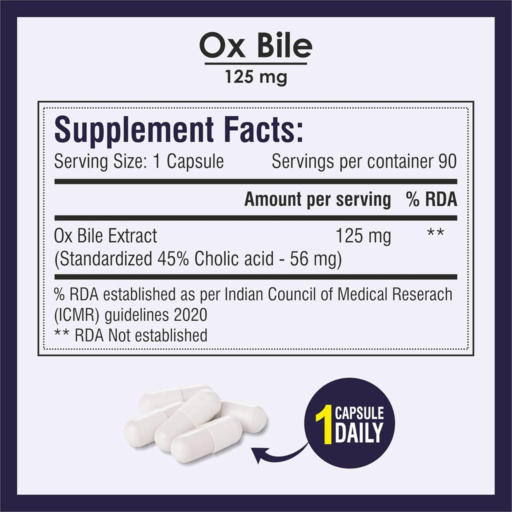 Biotrex Nutraceuticals OX BILE EXTRACT 125mg, 45% CHOLIC ACID, Supports Gallbladder Health & Supports Healthy Digestion, Bile Synthesis Support, (Gluten Free & Non-GMO) - 90 Capsules