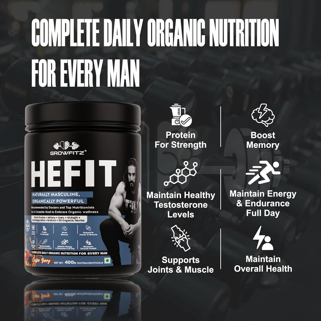 Growfit Hefit 100% Natural Plant Protein Powder 400g | 12g Protein - Pea Isolate | Easy to Digest | Meal Supplements for Muscle Growth & Recovery | 50+ Organic Herbs | No Added Sugar (Coffee Berry)