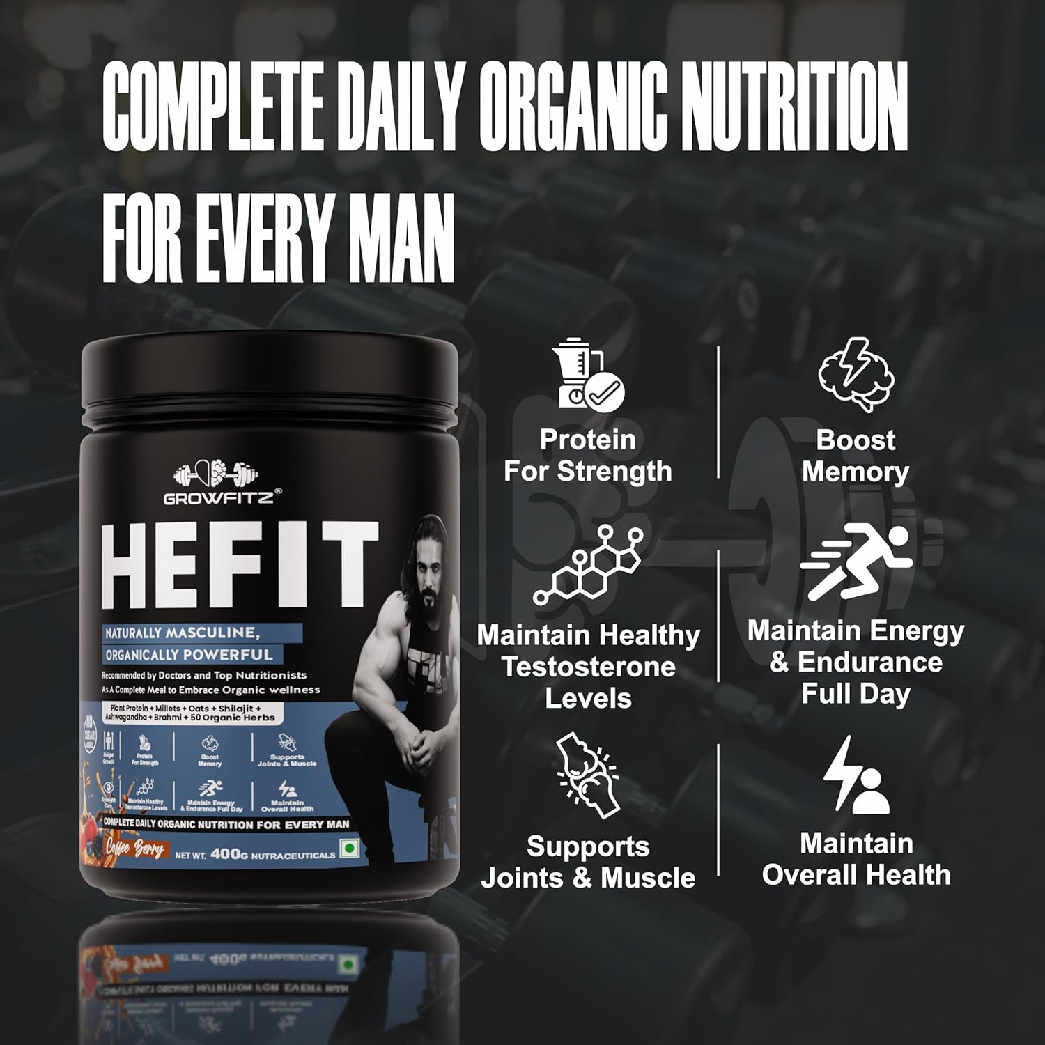 Growfit Hefit 100% Natural Plant Protein Powder 400g | 12g Protein - Pea Isolate | Easy to Digest | Meal Supplements for Muscle Growth & Recovery | 50+ Organic Herbs | No Added Sugar (Coffee Berry)