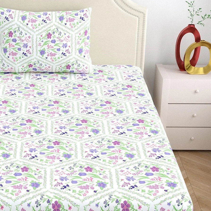 Dreamscape Cotton Single Bedsheet with 1 Pillow Cover Orchid Bloom