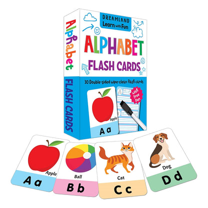 Dreamland Flash Cards Alphabet - 30 Double Sided Wipe Clean Flash Cards for Kids (With Free Pen)