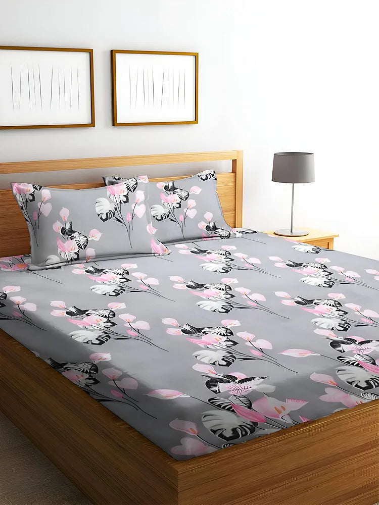 Starnstyle Polycotton 220 TC Floral Printed King Size Double Bedsheet with 2 Pillow Covers Grey Floral