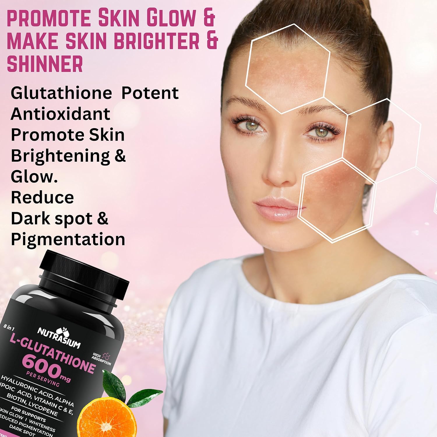 Nutrasium L-Glutathione 600 mg with Hyaluronic Acid & Biotin | For Skin Glow, Brightening, Hydration, & Skin Radiance, Reduce Dark Spot & Pigmentation | 30 Tablets
