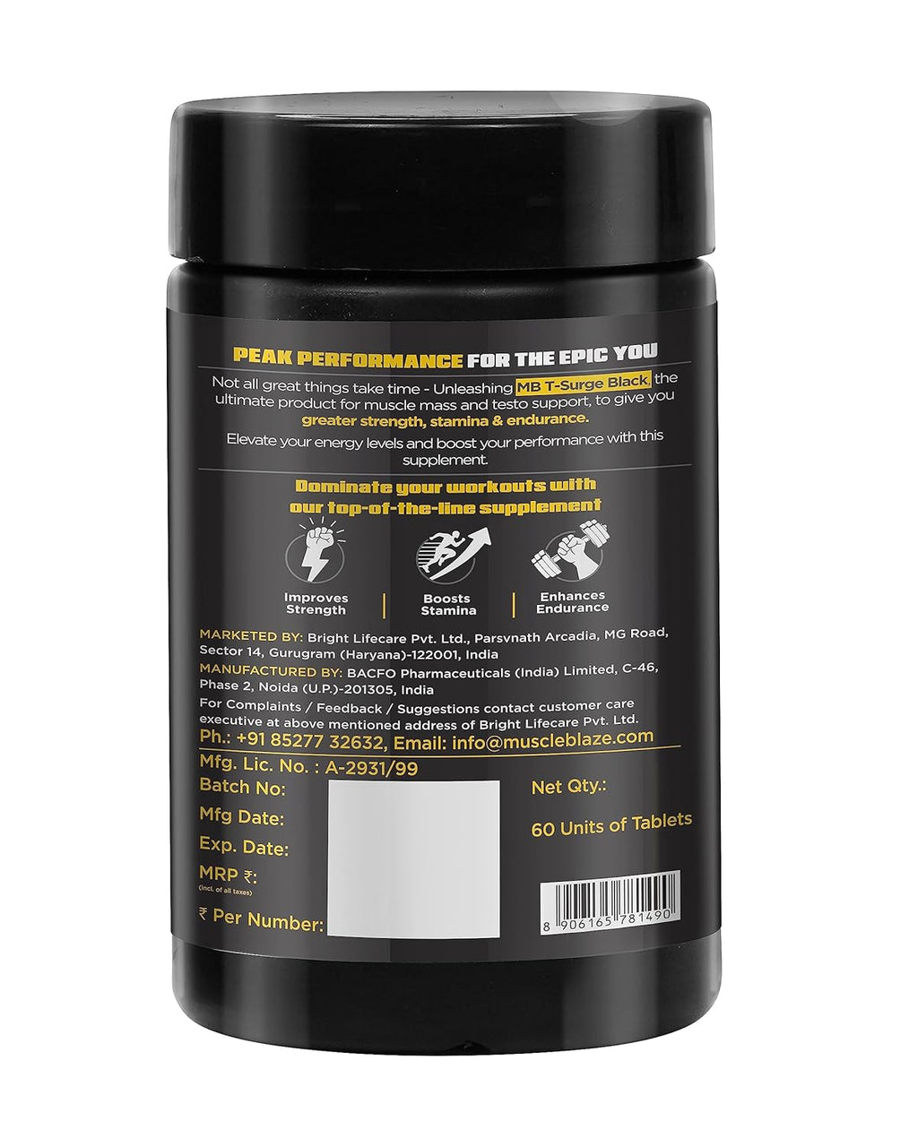 MuscleBlaze Koshaveda T-Surge Black (60 Tablets) | Testosterone Booster for Men | With 12 Ayurvedic Herbs - Ashwagandha, Shilajit, Safed Musli, & Gokhru | For Strength, Stamina & Endurance