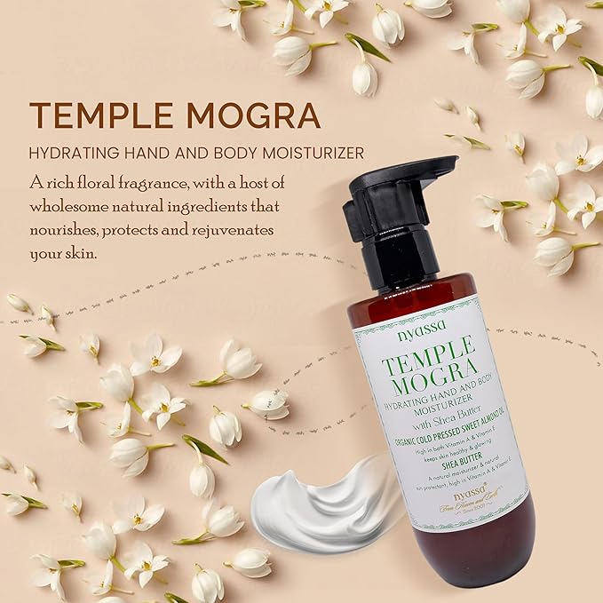 Nyassa Temple Mogra Hand and Body Moisturizer With Shea Butter & Organic Sweet Almond Oil - 200 Ml