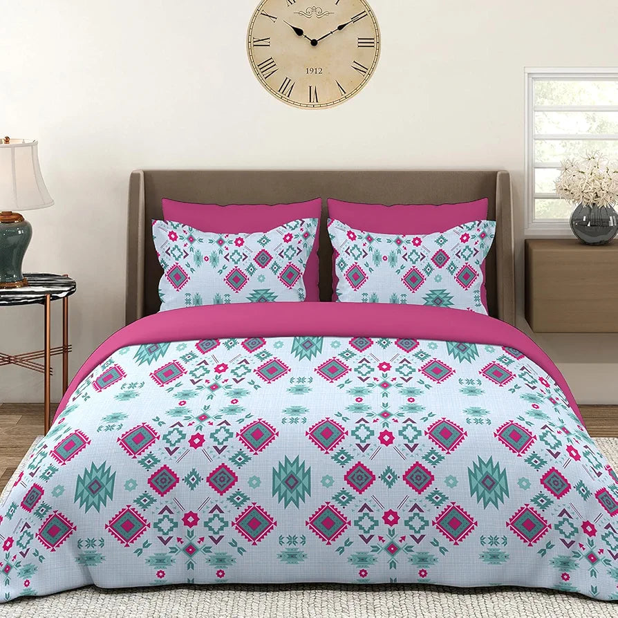 Layers Basicx Cotton Bedsheet Set for All Seasons Lightweight 120 TC Queen Size Blue Geometric