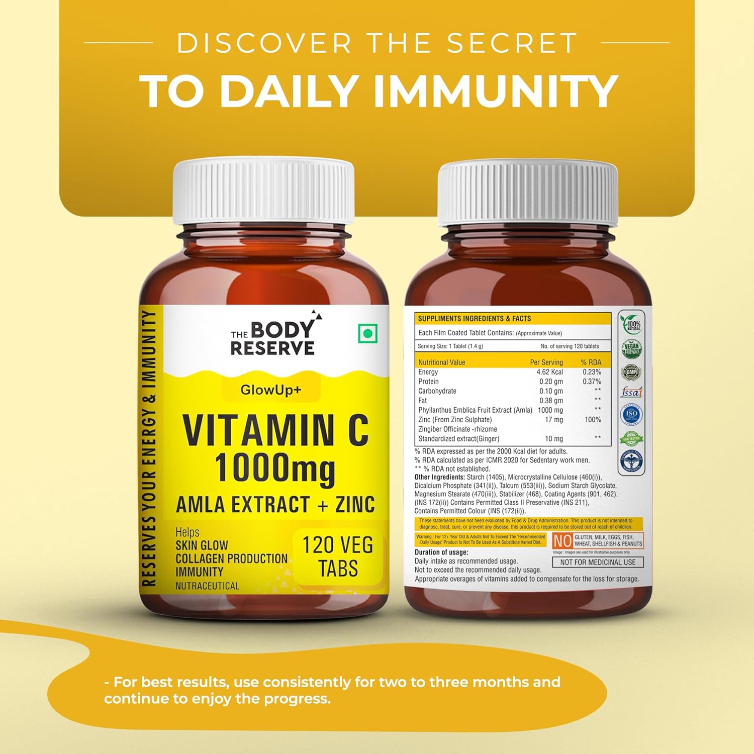 THE BODY RESERVE Vitamin C Tablets with Amla Extract, Zinc & Ginger | 120 Tablets | Daily Dietary Supplement