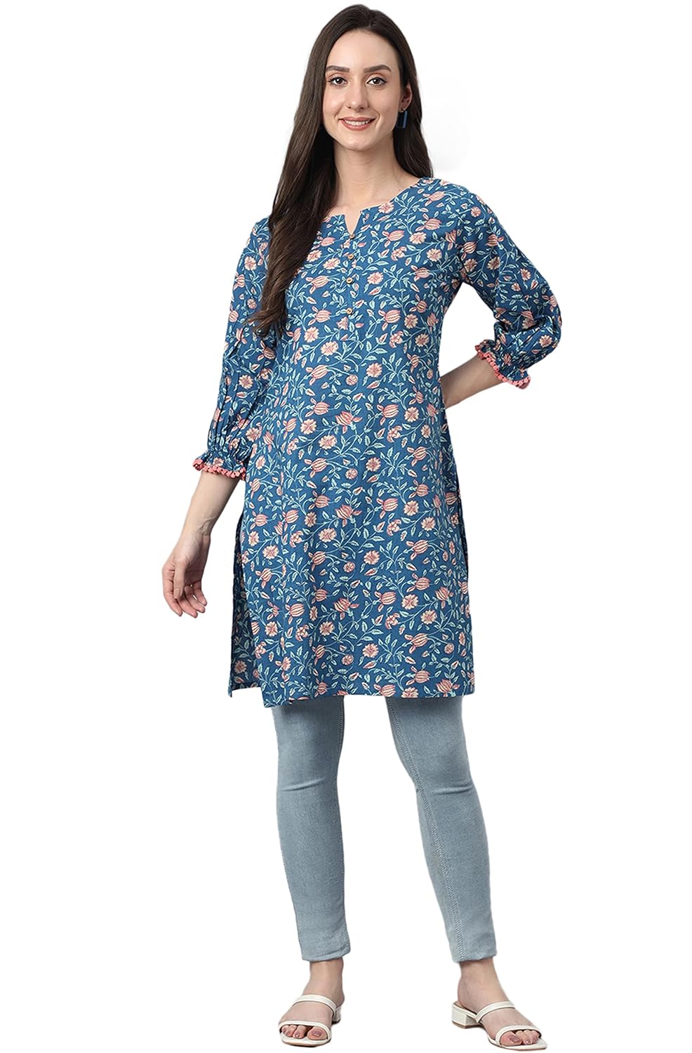 Janasya Women's Blue Cotton Floral Print Regular Tunic