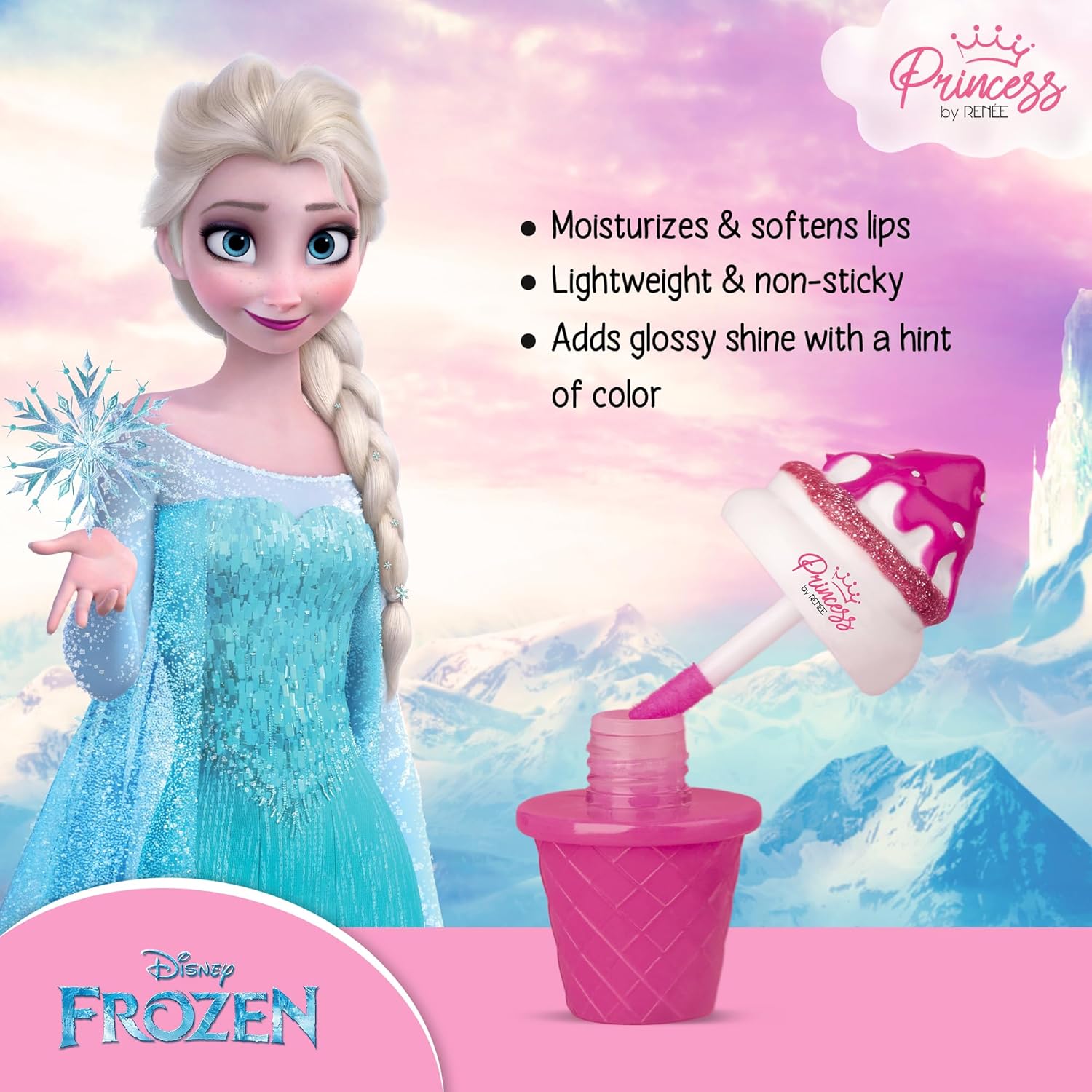RENEE Disney Frozen Princess Icecream Lip Gloss Elsa-For Pre-Teen Girls,Enriched With Shea Butter & Apricot Oil,Adds Glossy Shine With Nourishing And Moisturizing Effect - No Parabens - 8Ml