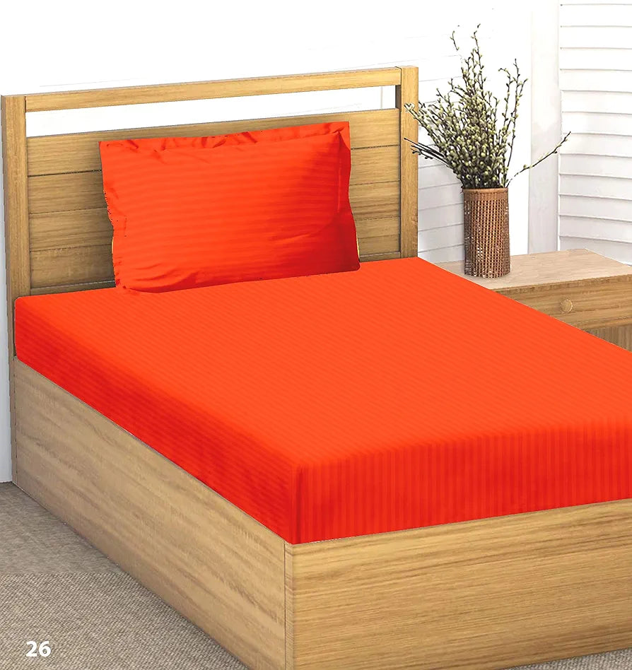Trance Home Linen 100% Cotton 78x36 inch Single Fitted 200TC Satin Stripe Elastic Fitted Bedsheet with 1 Pillow Covers Colour Orange