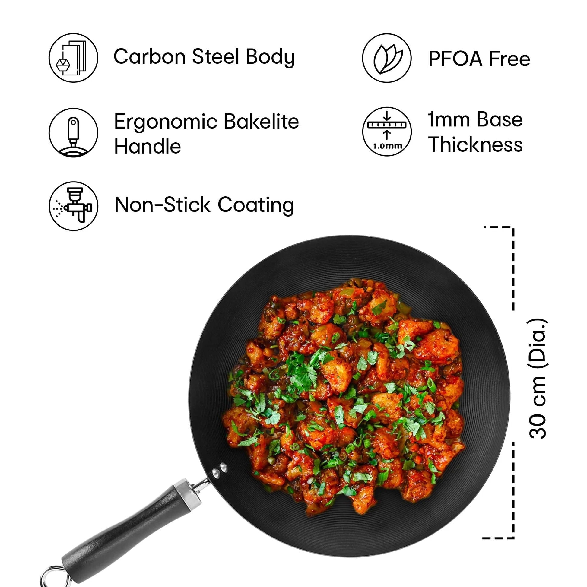 Anko Australia Non-Stick Carbon Steel Frying Pan 30cm Soft-Touch Bakelite Handle PFOA Free