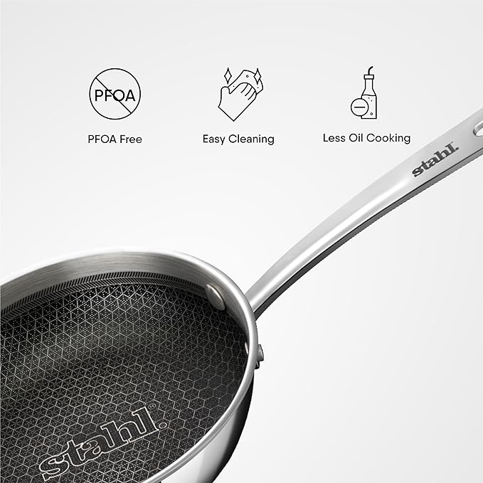 Stahl Artisan Hybrid Triply Non Stick Frying Pan With Lid, Fry Pan Induction Base | Omelette Pan Non Stick | 1.15 L | 18 Cm