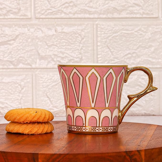Femora Dropped U Scale Pattern Pattern Golden Tea Mugs, Ceramic Tea Cups, Coffee Mugs | 160 Ml | Pink | 6 Pcs Set | Not Microwave Safe
