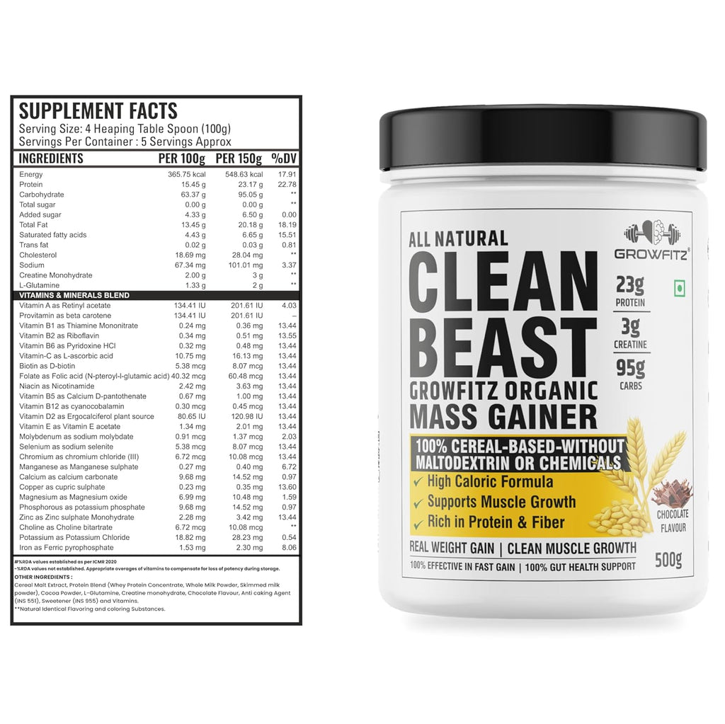 Growfitz All Natural Clean Beast Mass & Weight Gainer 500gram | 23g High Protein | Cereals Based | Support Muscle Growth | 95g Carbs & 3g Creatine | 666 Calories With Vitamins & Minerals | Chocolate Flavour