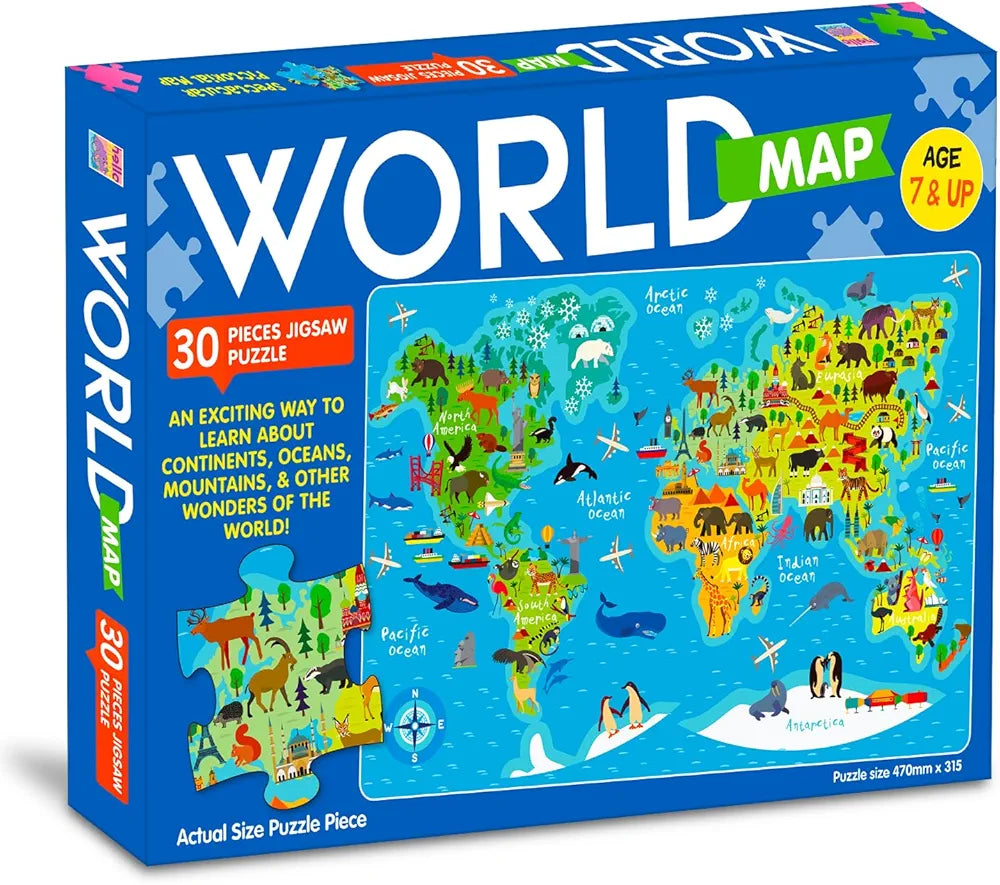 Hello Friend World Map Jigsaw Puzzle Box for Kids 100 Piece Jigsaw Puzzle Trave Brain Games for Children Ages 6-12