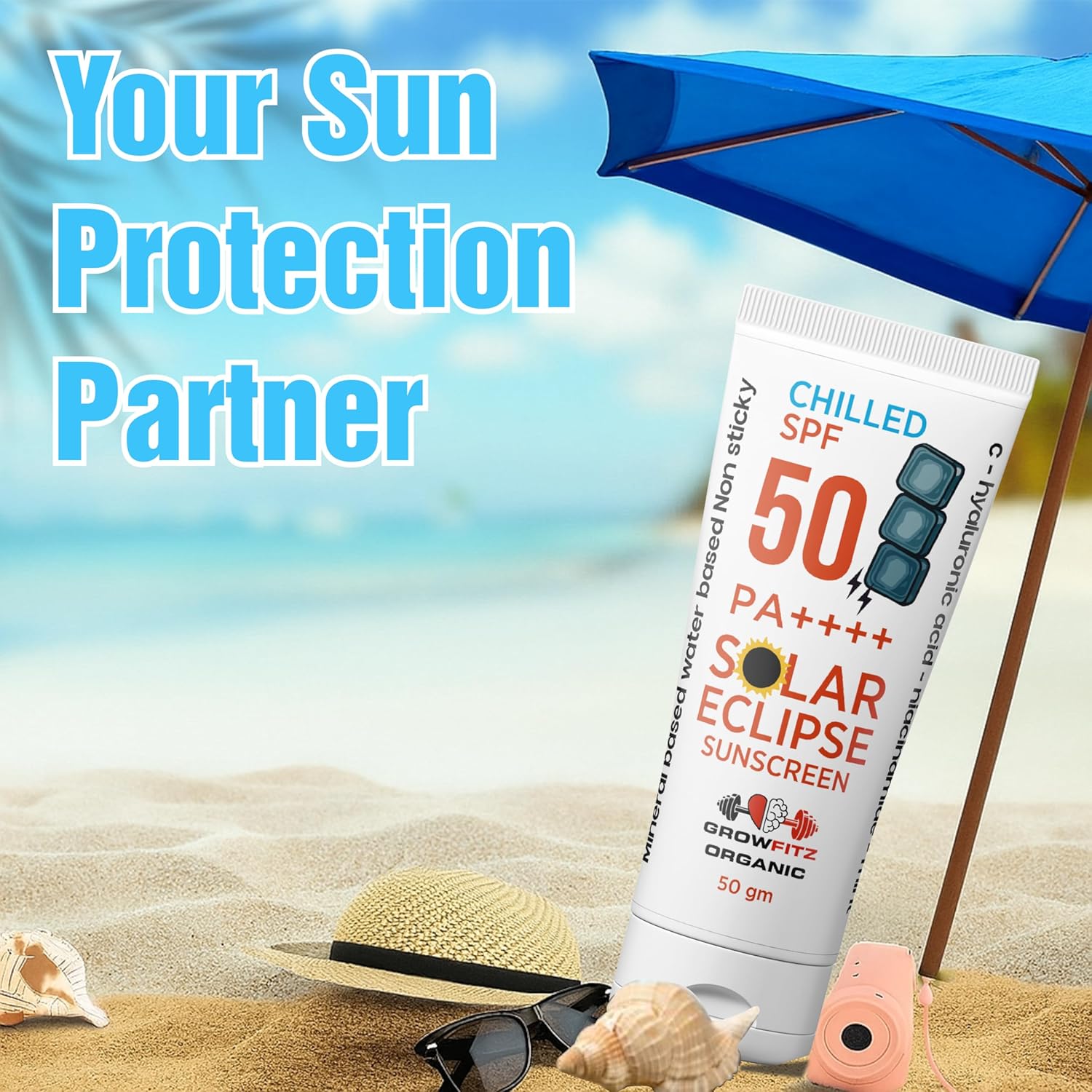 Growfitz Unisex Multivitamin SPF 50 PA+++ Sunscreen | For Dry, Sensitive, Oily & Combination Skin | Lightweight, No White Cast | Mineral & Water Based | Natural Mint | No Harmful Chemicals (50g)
