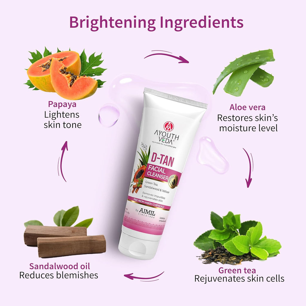 Ayouthveda D-Tan Facial Cleanser for Tan Removal & Skin Brightening | Helps Clean Dirt & Impurities | Enriched with Papaya, Lemon, Aloe Vera & Cucumber | Net Qty.- 100g