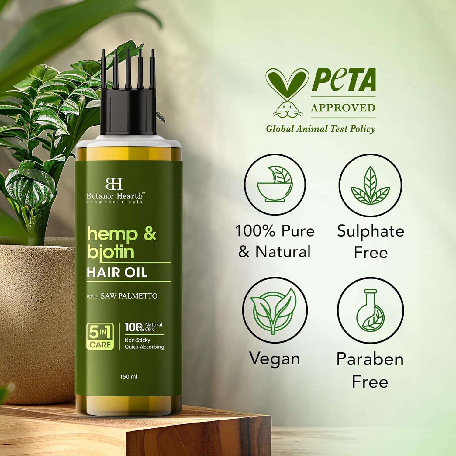 Botanic Hearth Hemp & Biotin Hair Oil for Hair Growth & Strength with Saw Palmetto – 150ml, Non-Sticky & Fast-Absorbing – 100% Natural Oils for Healthy Scalp & Hair – with Hair Oil Applicator