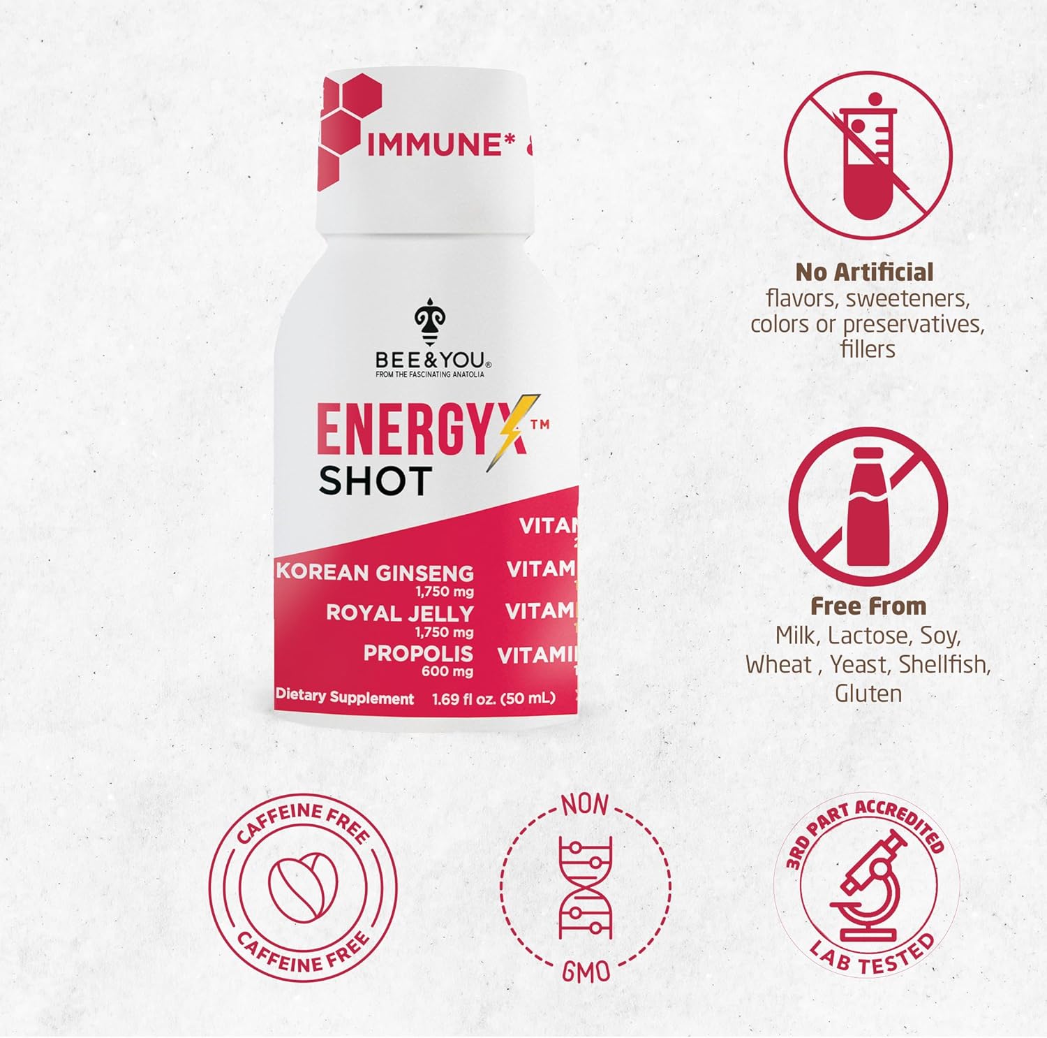 Bee and You Energy X Shot, Korean Red Ginseng, Royal Jelly, Propolis, Caffeine Free Energy Drink, Vitamin C, B3, B6, B12, Immune Support Supplement, Antioxidants, Pomegranate Flavor