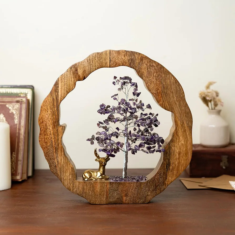 Ritualistic Amethyst Crystal Tree with Reindeer Handcrafted Feng Shui Gemstone Bonsai Tree