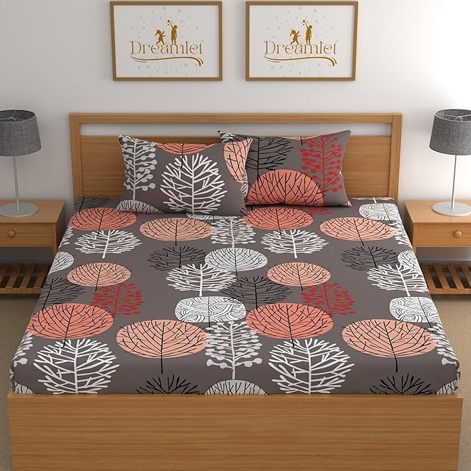 Dreamlet Elastic Fitted Bedsheets Double Bed Size, 180tc Glace Cotton Bedsheet With 2 Pillow Covers | Gray Multi
