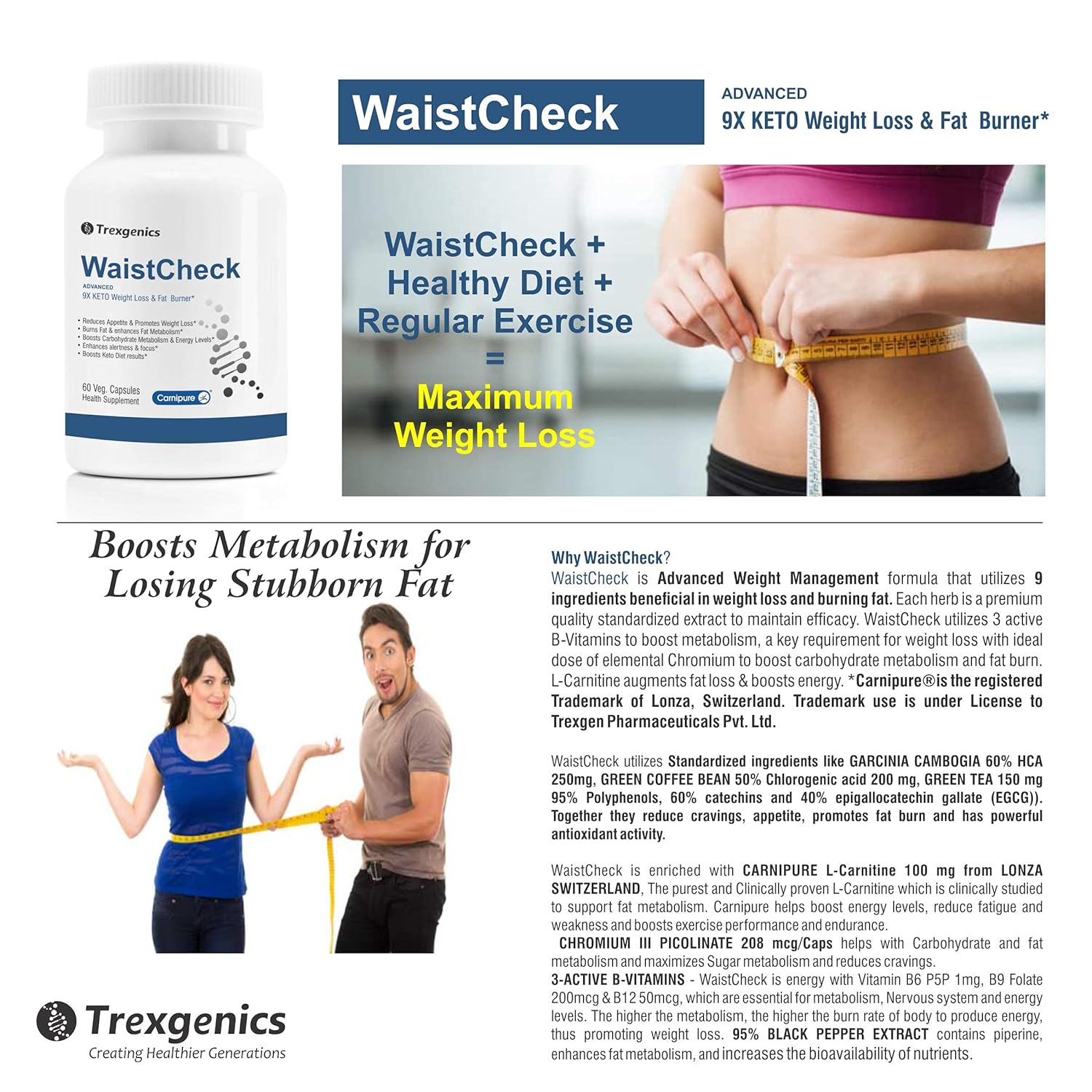 Trexgenics Waistcheck 9X Keto Weight Loss Management with Carnipure 100 Mg (Lonza, Switzerland) , 60 Veg. Capsules