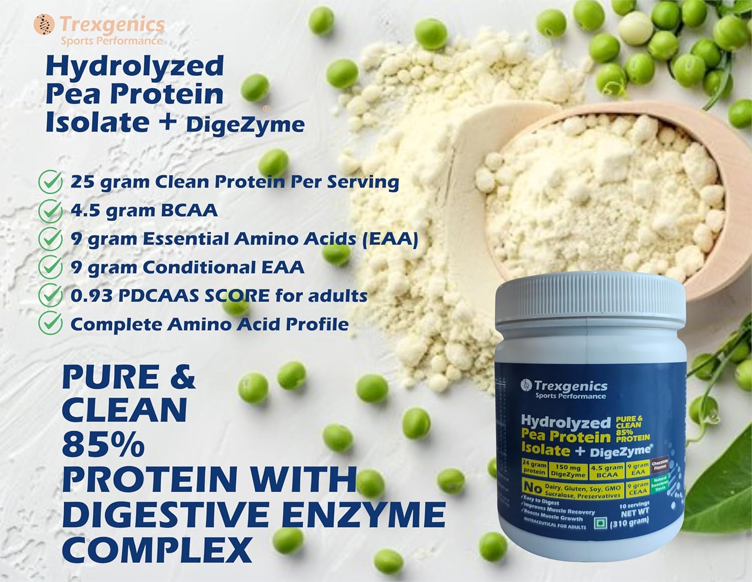 Trexgenics HYDROLYZED PEA PROTEIN ISOLATE UNFLAVOURED, Pure & Clean 25gm PROTEIN, 4.5 gm BCAA, 9 gm EAA with DigeZyme Digestive enzyme Complex, Muscle Growth 10 Servings (300 gram)