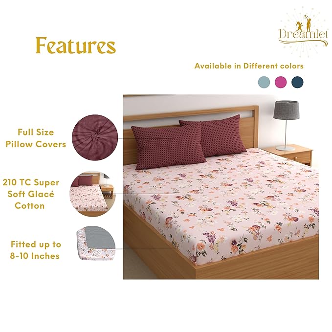 Dreamlet All Around Elastic Supersoft 210tc Premium Cotton Elastic Fitted Bedsheets With 2 King Size Pillow Covers | Pink