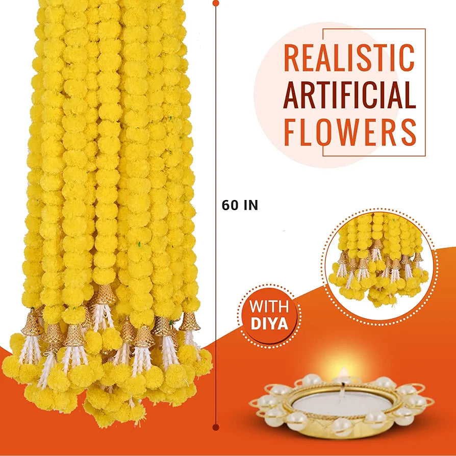 Marigold Artificial Flowers for Decoration Long Garland 5 Feet Long 5 Pcs Yellowbell