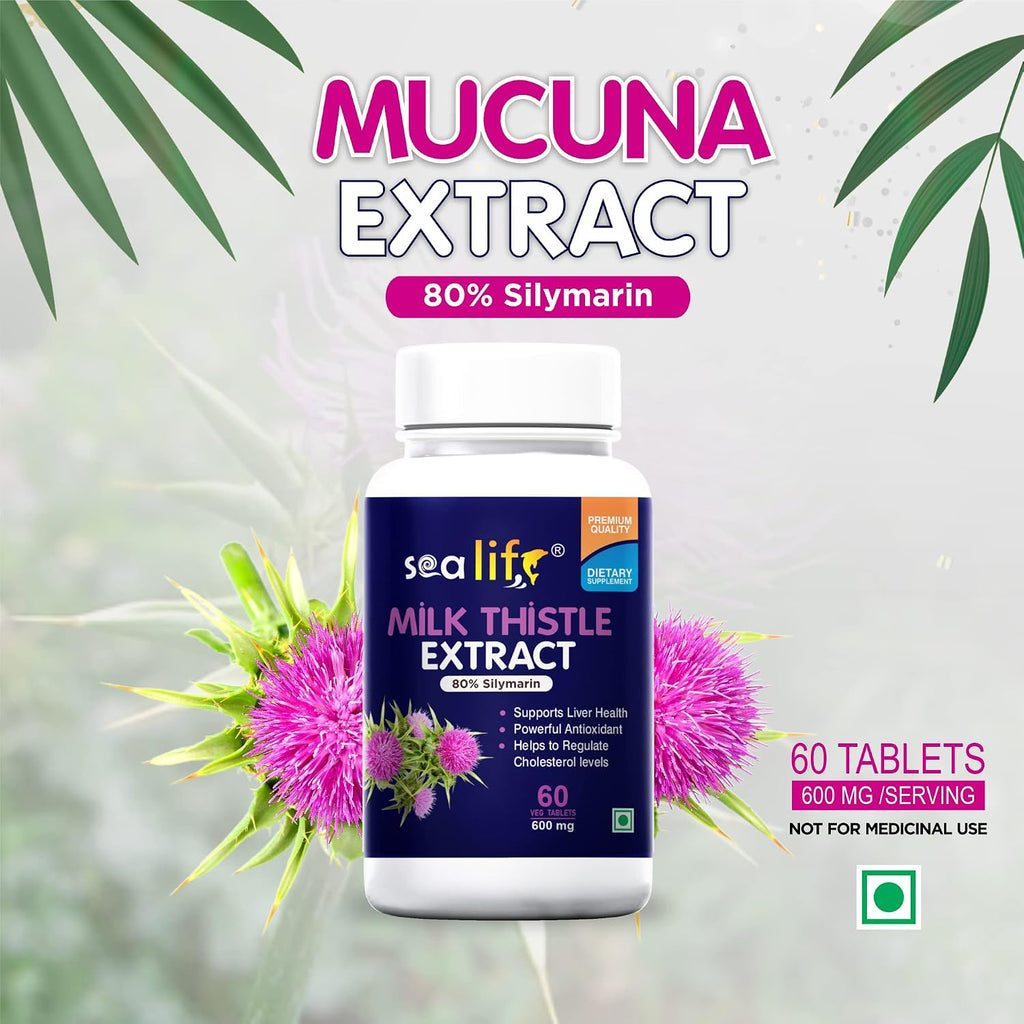 Sea Life Milk Thistle Extract Tablets | Silymarin 80% | Liver Cleanse Detox Support Supplement 600 mg (60 Tablets) Support Protection Against Fatty Liver |For Men And Women