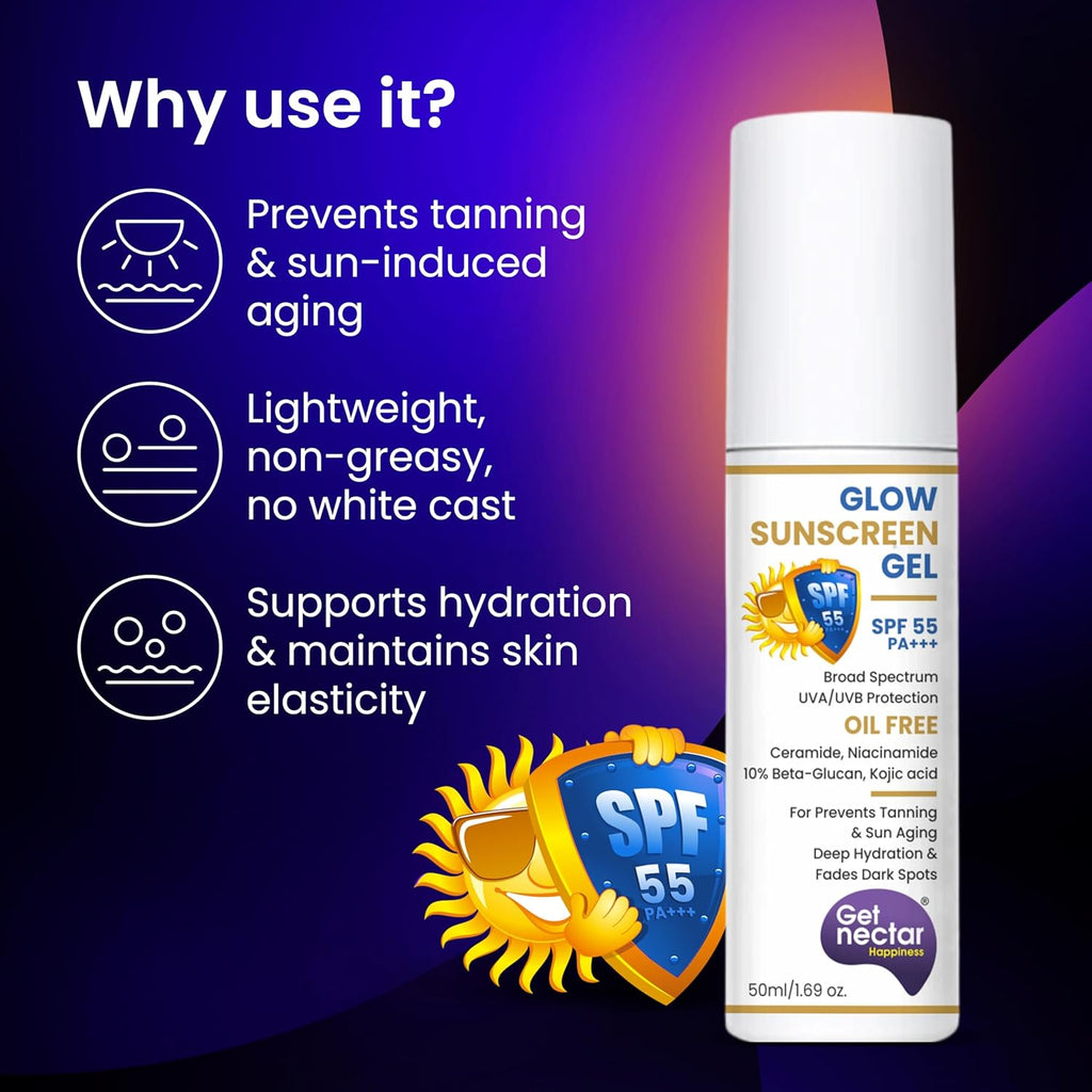 Get Nectar Happiness Glow Sunscreen Gel SPF 55 PA+++ | For Oily, Dry, Acne-prone Skin | Ultra Lightweight Texture I Non-Greasy I No White Cast | Broad Spectrum Protection & Fades Dark Spots 50ml (1)