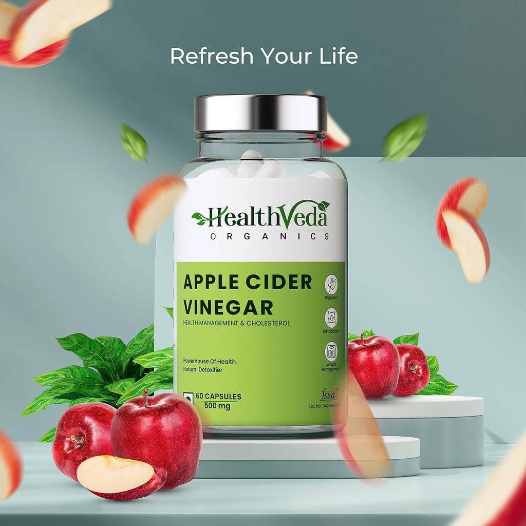 Health Veda Organics Apple Cider Vinegar 500 mg I 60 Veg Capsules I Weight Loss Management, Improves Cholesterol Levels & Supports Digestive Health I For both for Men & Women