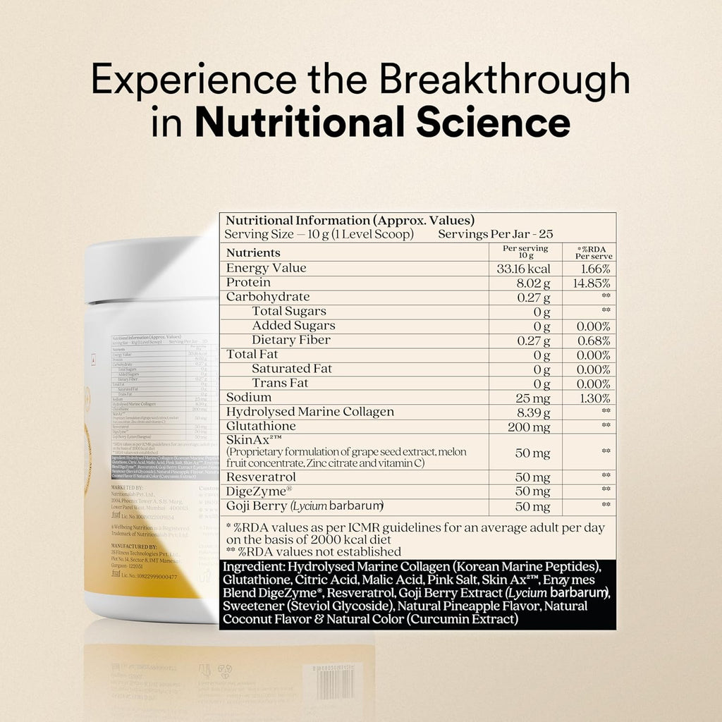 Wellbeing Nutrition Glow Collagen with Glutathione | Collagen Supplements for Women & Men | Marine Collagen Powder with SkinAxÂ², Resveratrol, Bromelain & Goji Berry | 250g - Pina Colada Flavor