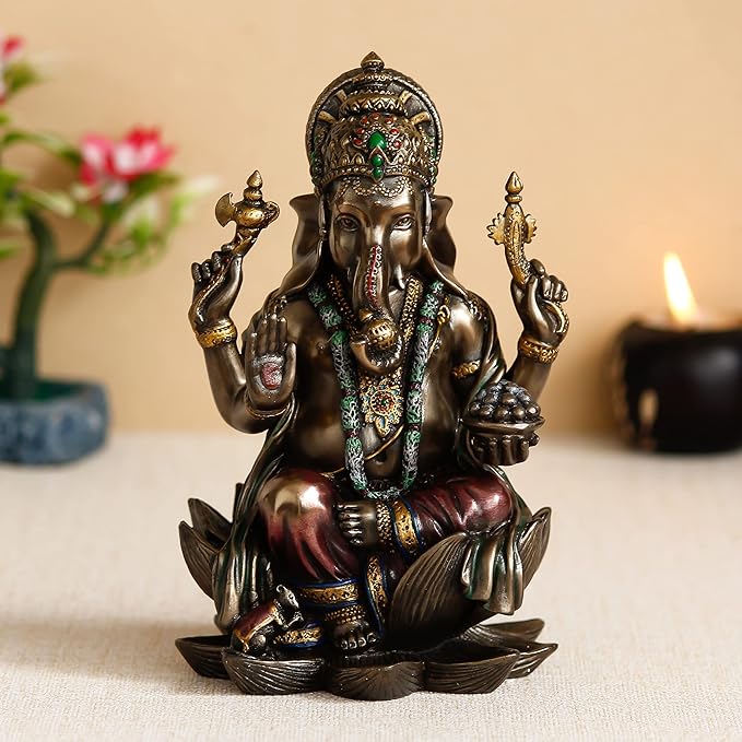 Ecraftindia Handcrafted Polyresin and Bronze Chaturbhuj Lord Ganesha Idol Sitting on Lotus Flower Decorative Statue for Home