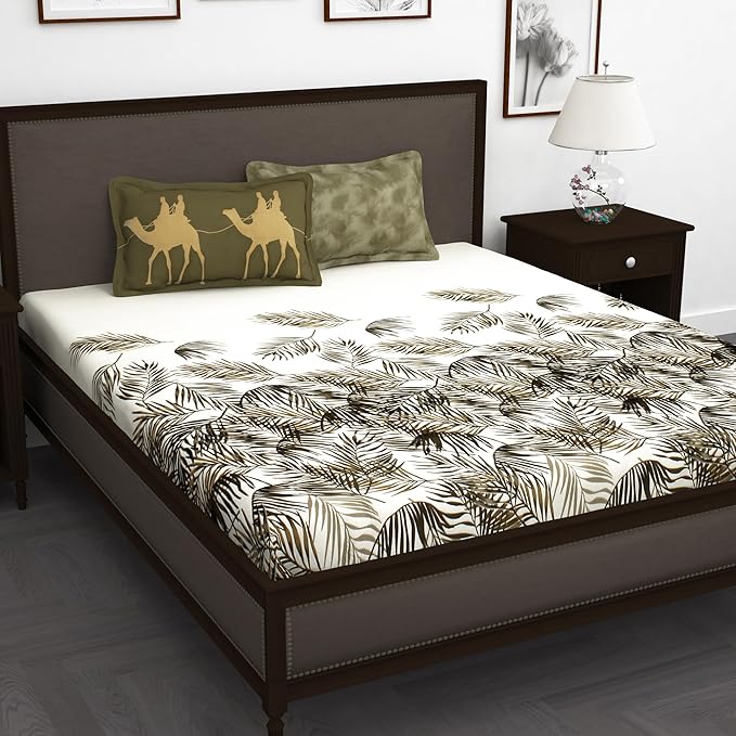 Story@Home Double Bed Cotton King Size Bedsheet With 2 Pillow Covers White and Green Colours