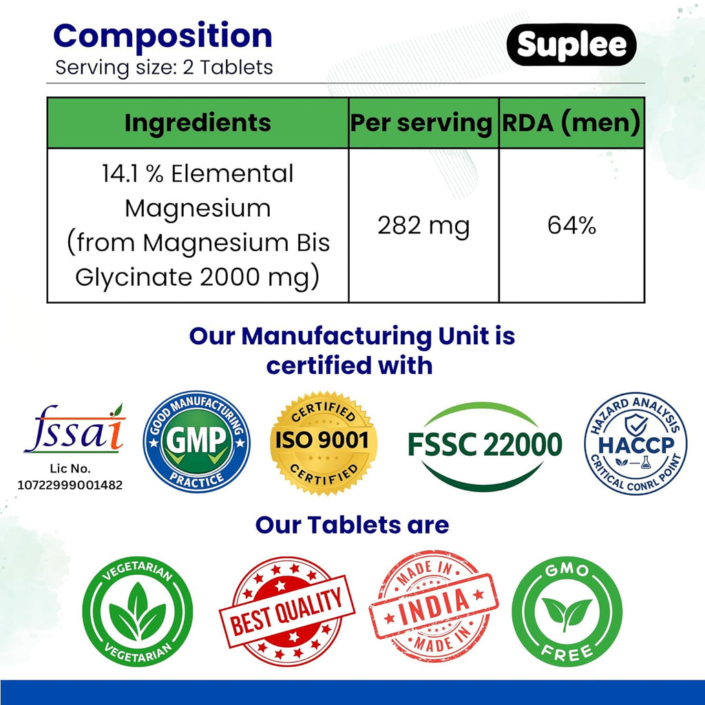 Suplee Magnesium Glycinate 2000mg per Serving | Fully Chelated Non-Buffered Bisglycinate (282mg Elemental Yield) | Supports Deep Sleep, Muscle Recovery & Heart Health | Gentle on Stomach | 60 Vegetarian Tablets