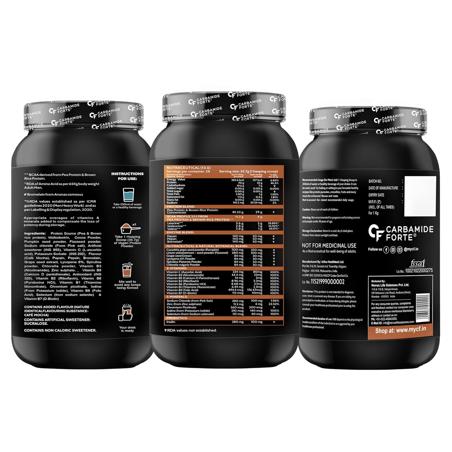 Carbamide Forte Plant Protein Powder For Men - Plant Based Protein Powder with Multivitamin, Minerals, Superfoods, Pea Protein, Digestive Enzymes - Belgian Chocolate Flavour - 1kg