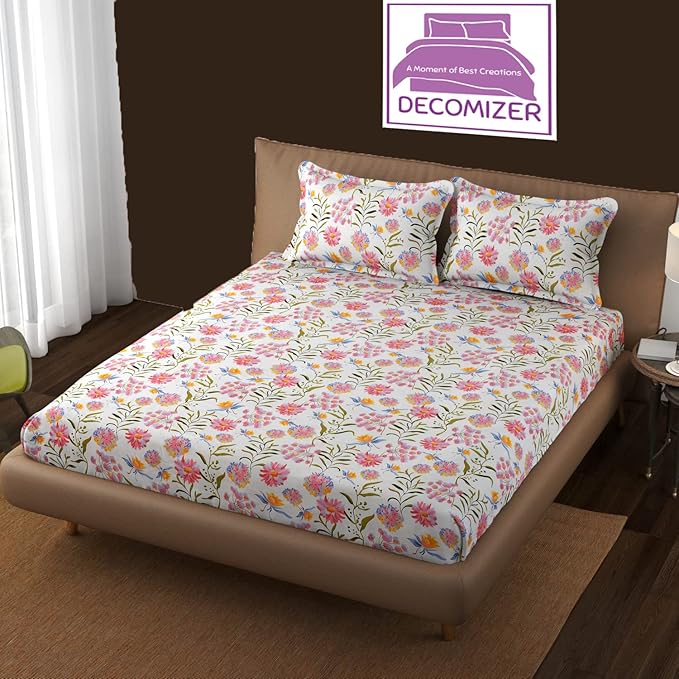 Decomizer Cotton Feel Glace Printed King Size Double Bed Bedsheet With 2 Pillow Covers Flower Pink Colour