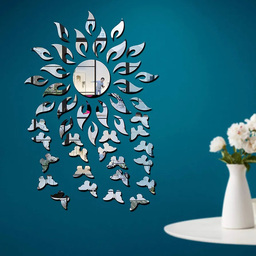 Bikri Kendra Art BK64 Sun Silver with Butterfly Silver 20-3D Acrylic Mirror Stickers for Wall