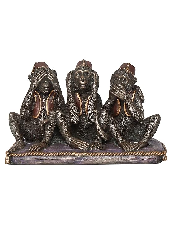 Ecraftindia Handcrafted Polyresin and Bronze Set of 3 Wise Monkeys Statues Animal Figurines Decorative Showpiece