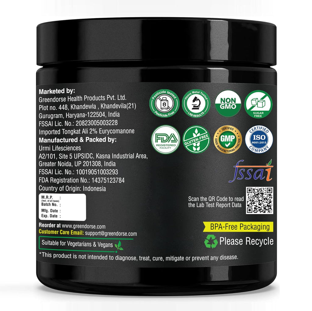 GREENDORSE Organic Tongkat Ali Longjack Root Extract Powder, 2% Eurycomanone | 3 Months Supply | Enhanced T-Level, Stamina and Stress tolerance, Vegan Friendly, 50g